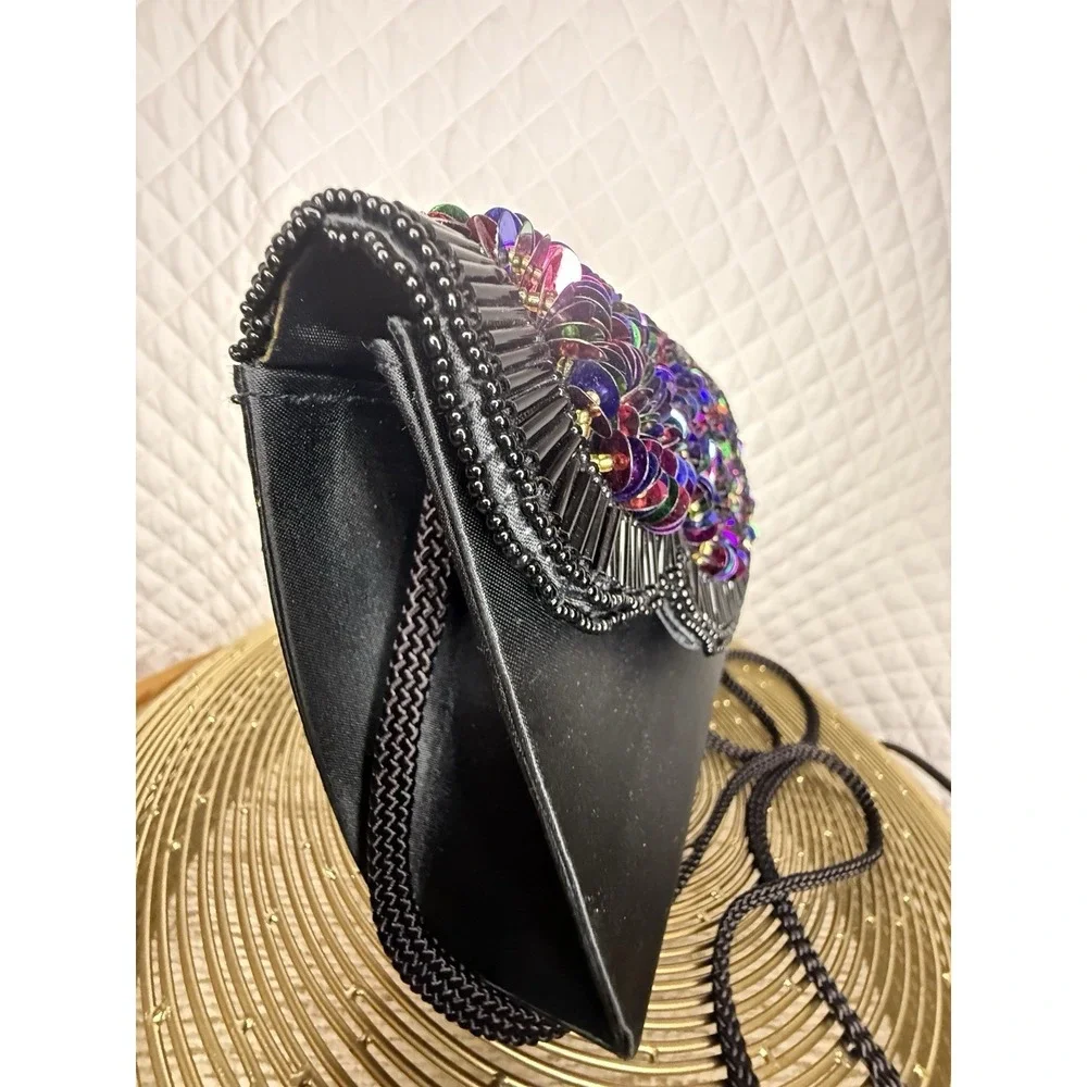 VTG La Regale Clutch Black‎ Satin Beaded Prom Mermaidcore Iridescent 